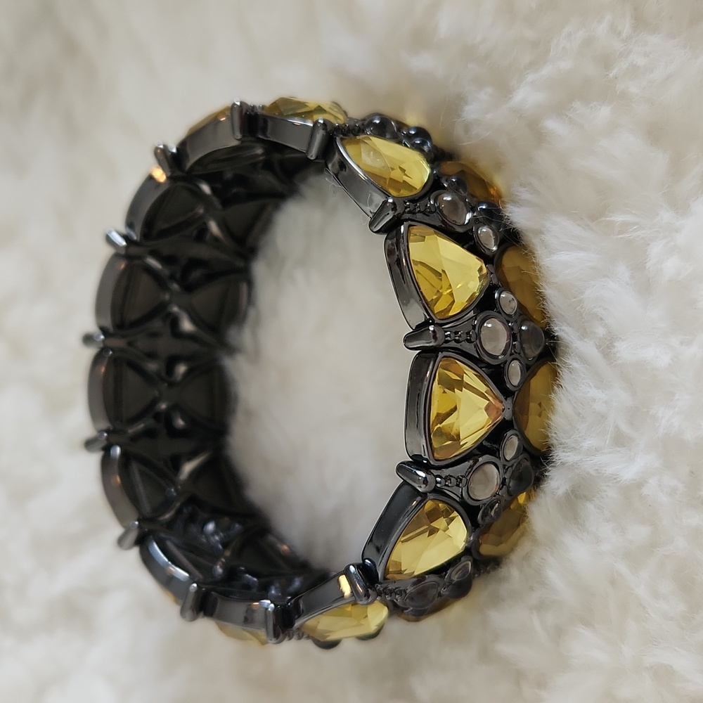 Lia Sophia Couture Signed Silver Yellow Crystal Statement Bracelet Stretch Band - Picture 2 of 6